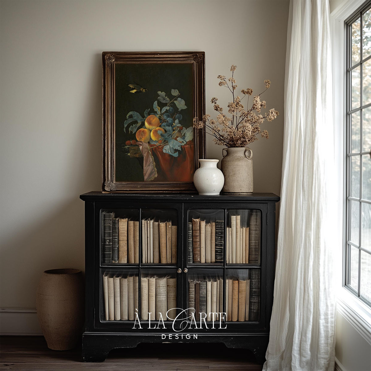 Moody Fruit Still Life, Dark Botanical Wall Art , Cottagecore Kitchen Decor, Baroque Painting with Peaches V22