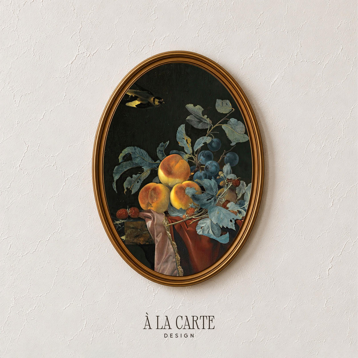 Moody Fruit Still Life, Dark Botanical Wall Art , Cottagecore Kitchen Decor, Baroque Painting with Peaches V22