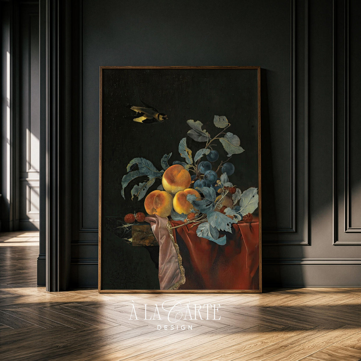 Moody Fruit Still Life, Dark Botanical Wall Art , Cottagecore Kitchen Decor, Baroque Painting with Peaches V22