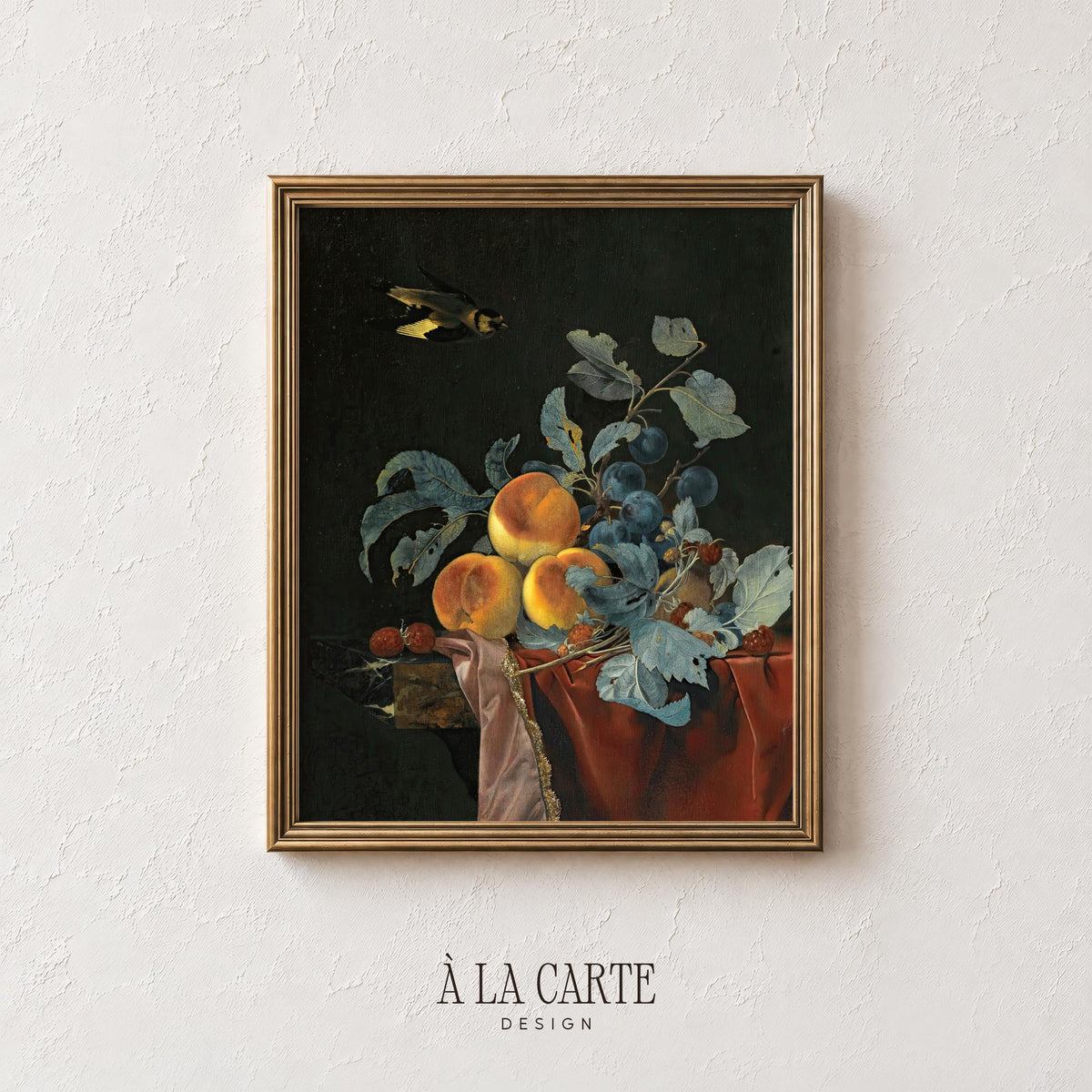 Moody Fruit Still Life, Dark Botanical Wall Art , Cottagecore Kitchen Decor, Baroque Painting with Peaches V22