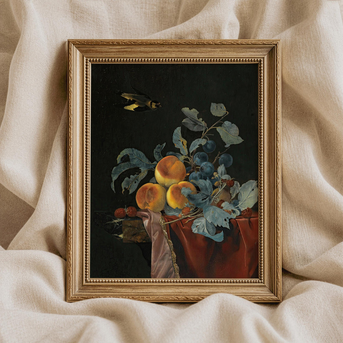 Moody Fruit Still Life, Dark Botanical Wall Art , Cottagecore Kitchen Decor, Baroque Painting with Peaches V22
