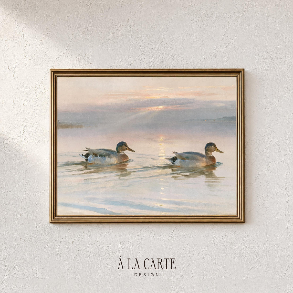 Swimming fowl landscape picture for dining room — cottagecore wall art with soft pastel sky and tranquil pond setting