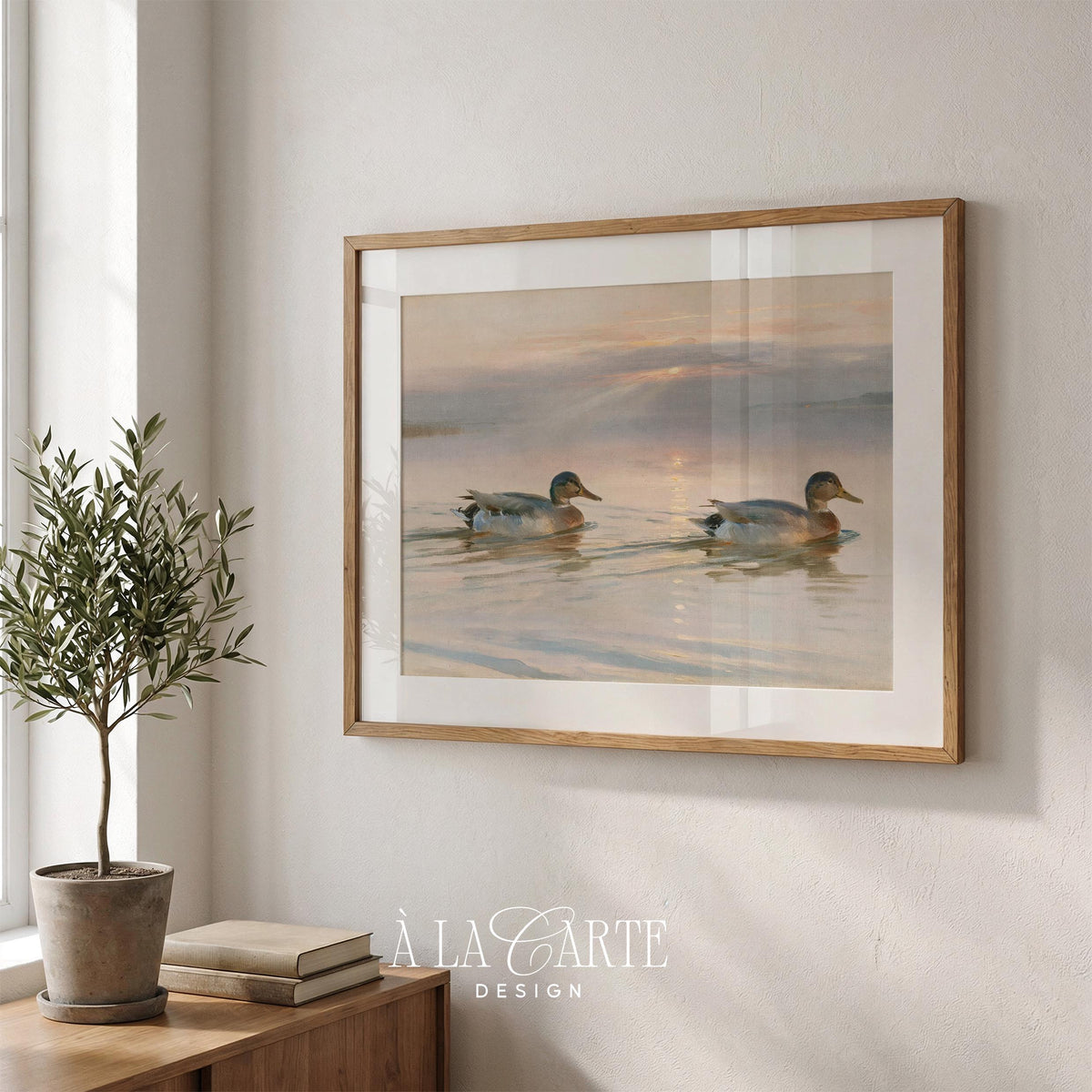 Mallard waterfowl digital wall art for traditional home — serene lake painting with soft oil paint texture and rustic charm