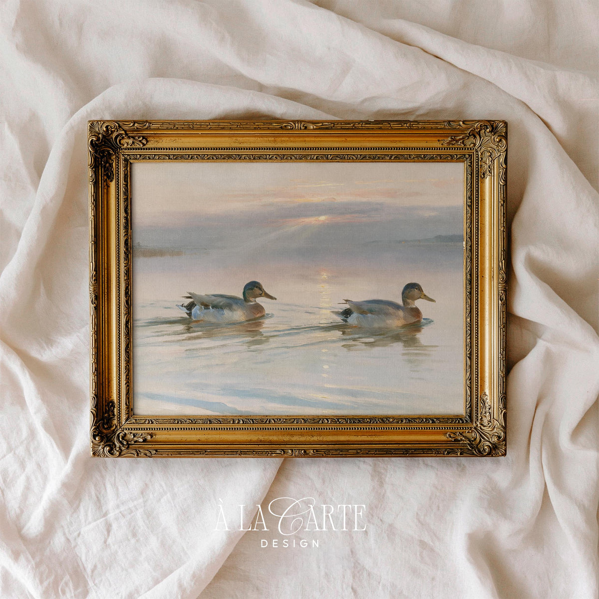 Waterfowl on lake wall art printable for entryway — moody landscape with soft brushwork and pastoral charm