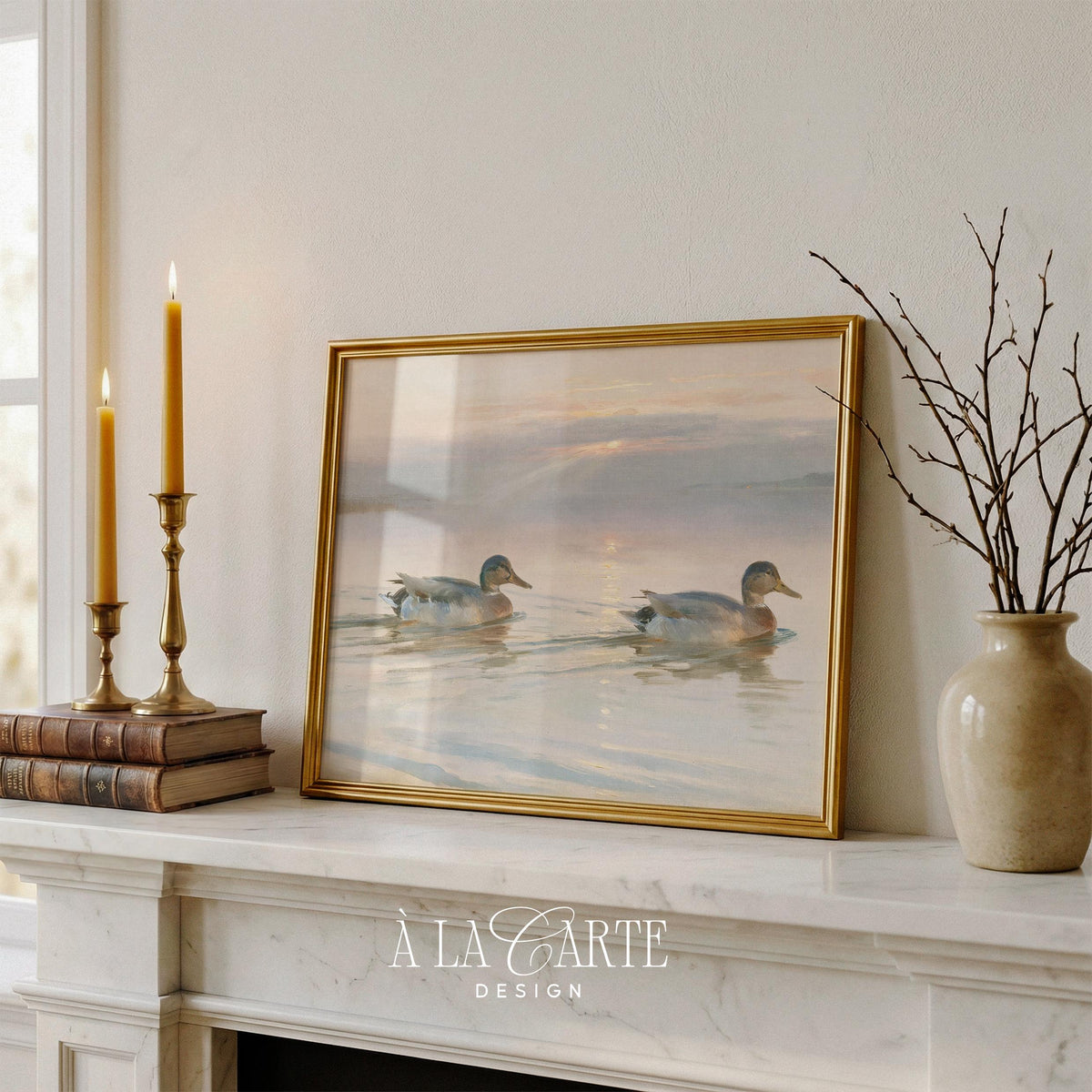 Farmhouse duck lake poster for bedroom — vintage nature print featuring muted tones, gentle ripples, and calming twilight ambiance