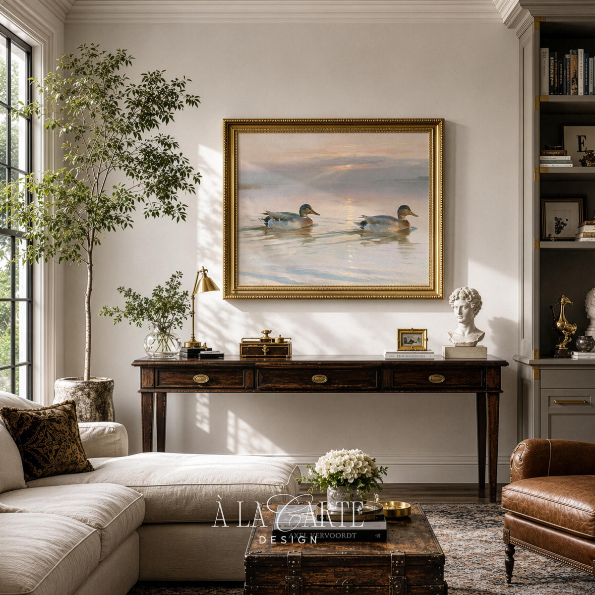 Mallard birds picture for country cottage — vintage-style artwork with warm glowing sky and gentle water ripples