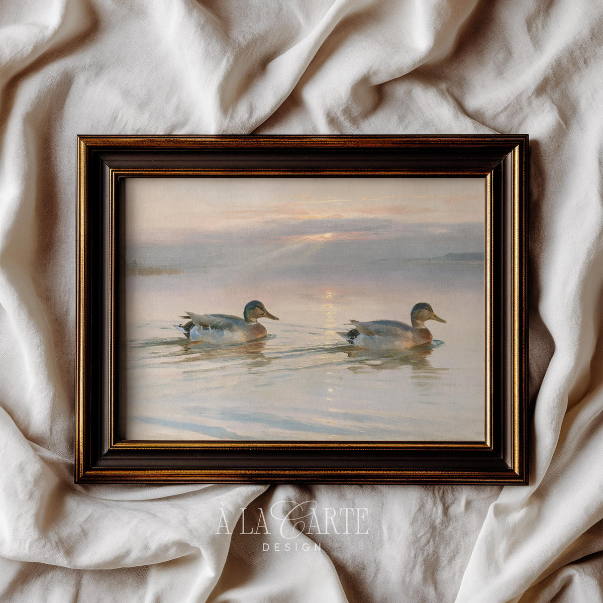 Duck pond printable wall art for farmhouse — peaceful waterfowl landscape with golden sunrise and calming muted tones