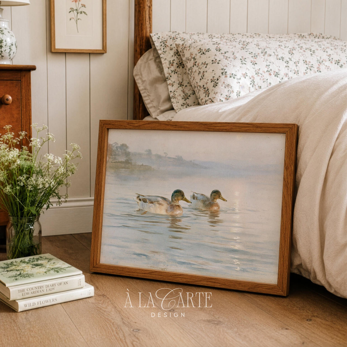 Duck pond picture for country cottage décor — serene vintage wildlife illustration with peaceful water reflections