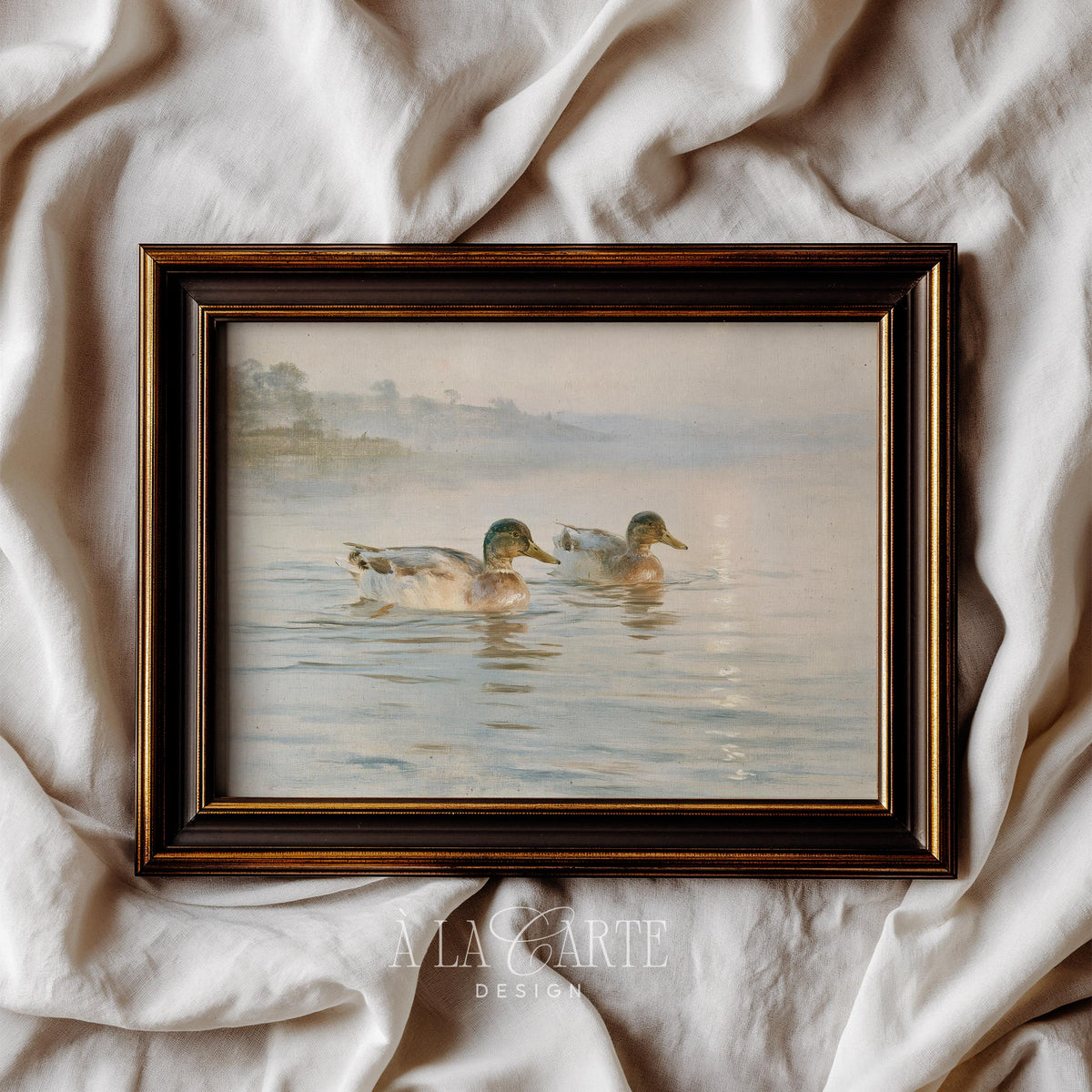 Farm birds artwork printable for living room — cottagecore nature scene with gentle ripples and tree-lined background
