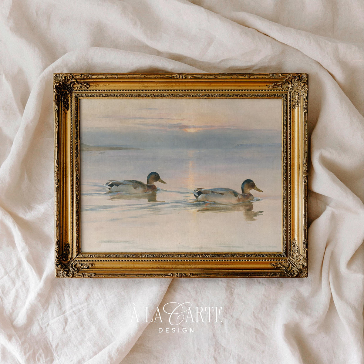 Moody landscape picture print for kitchen — tranquil waterfowl scene with gentle sunrise and peaceful countryside