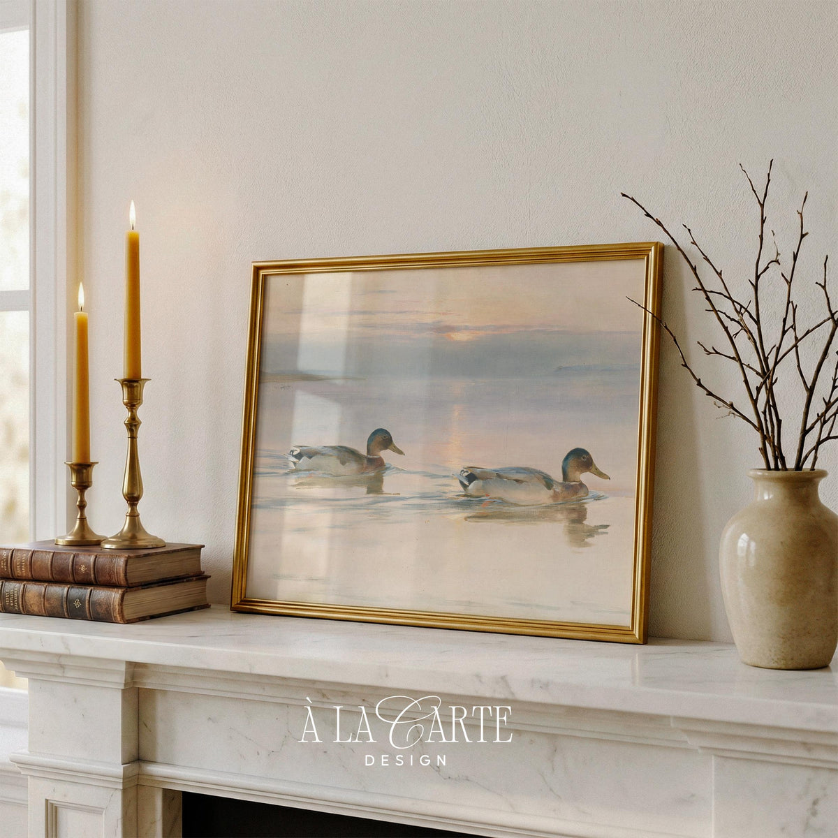 Vintage duck print for farmhouse decor — moody landscape art with swans gliding on misty morning lake
