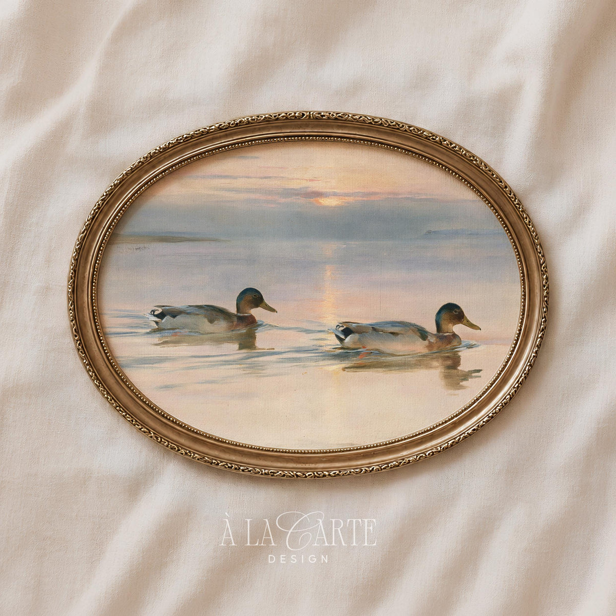 Ducks on lake printable art for bedroom — vintage sunrise painting with soft muted tones and peaceful water reflections