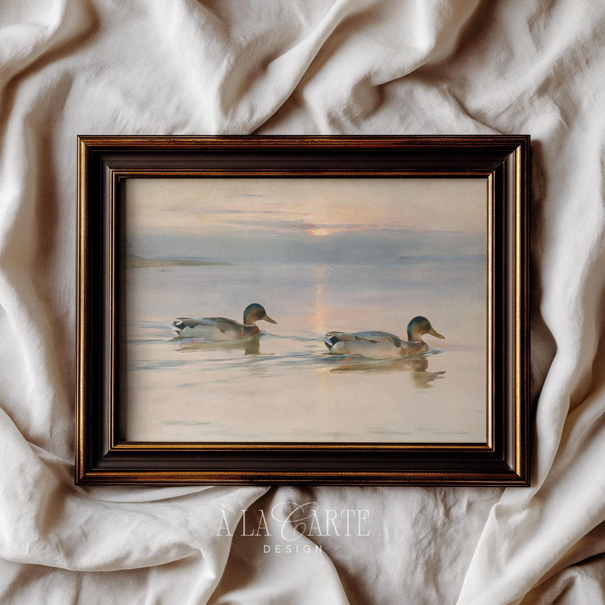 Rustic farmhouse art poster showing ducks at dawn with vintage palette and dreamy brushstrokes