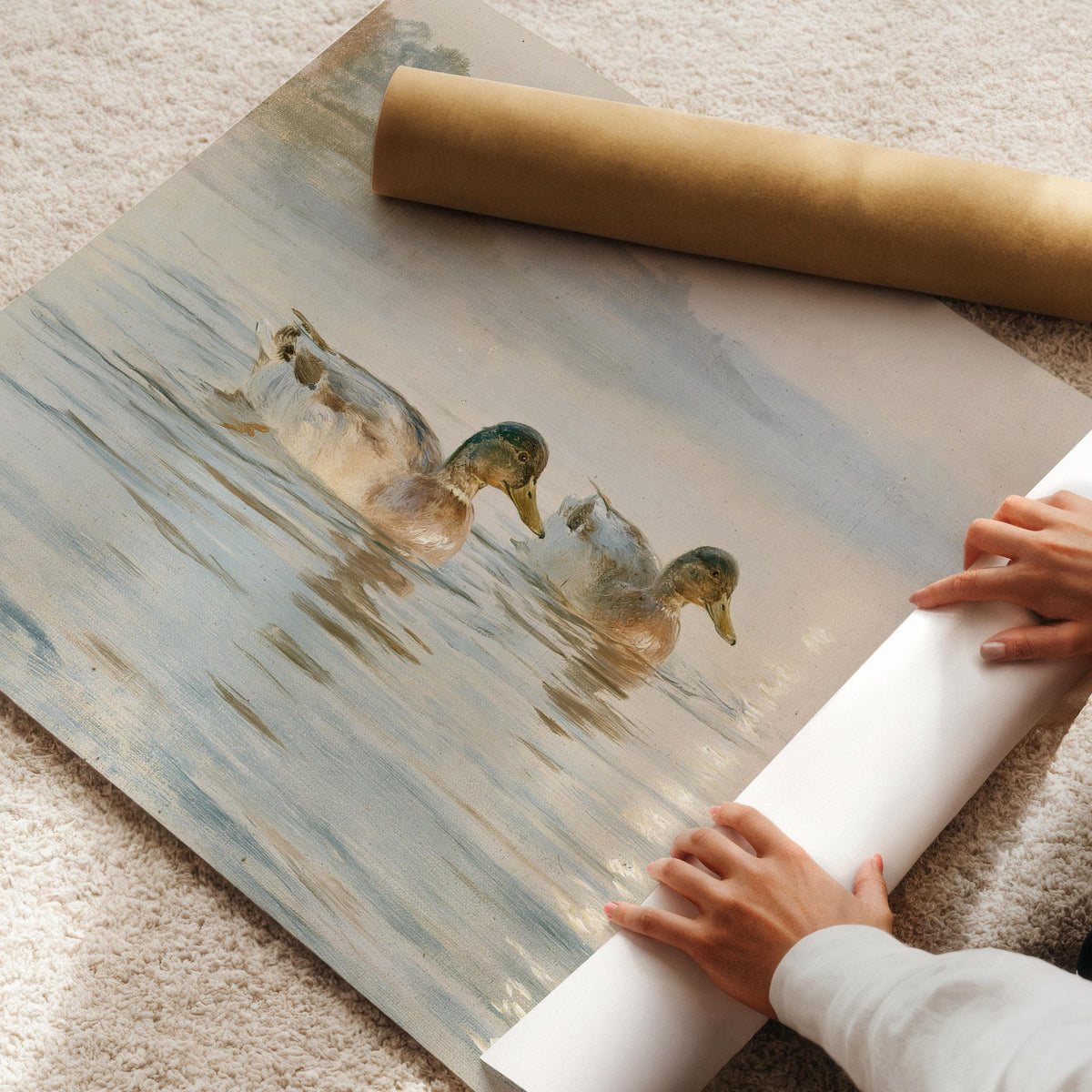 Mallard Ducks on Misty Lake Wall Art, Grandmillennial Decor, Vintage Nursery Printable, Pastel Birds Print, Farm Birds Painting H72