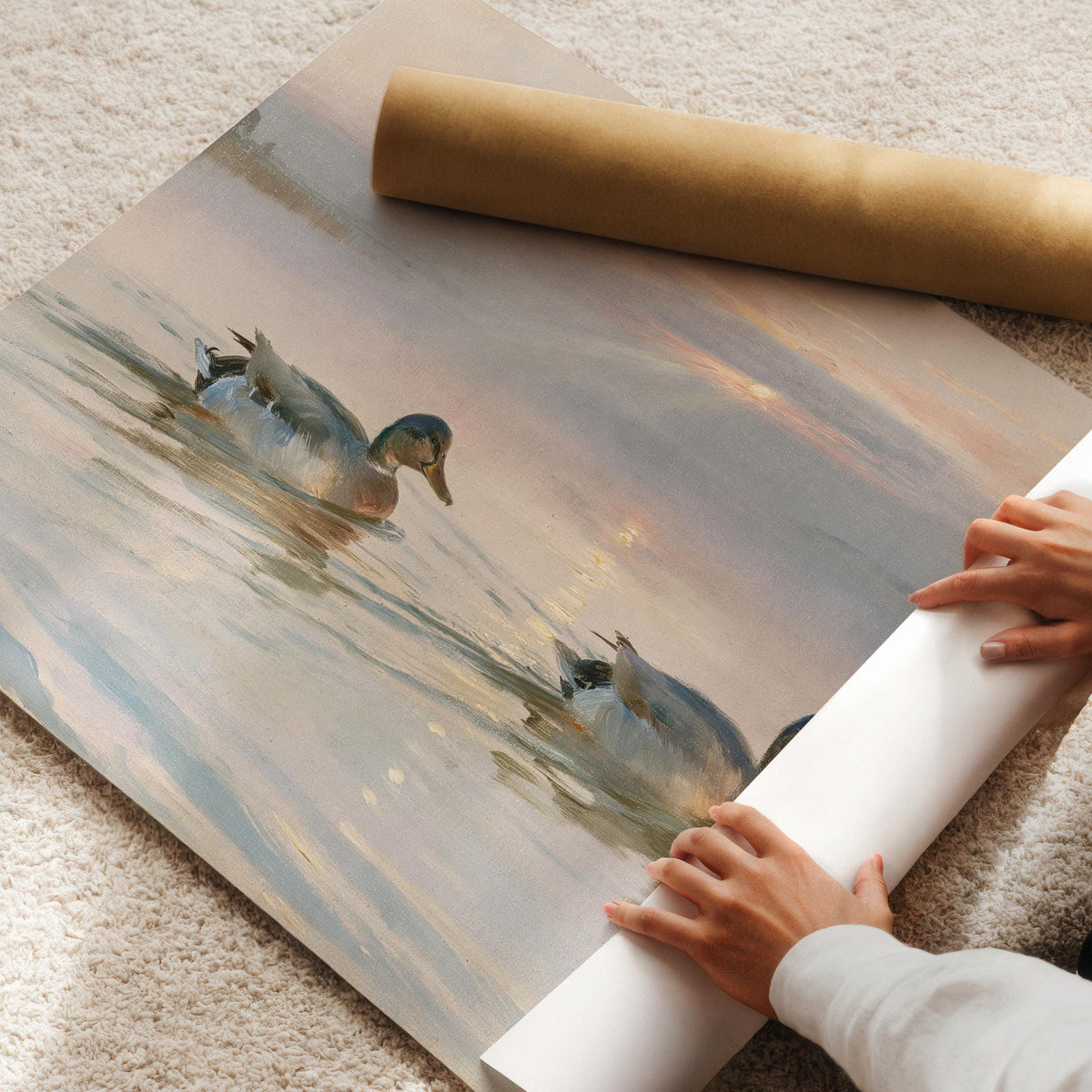Pastel Mallard Ducks Wall Art, English Country Painting, Farm Birds Printable, Rustic Farmhouse Print, Light Cottagecore Landscape H70
