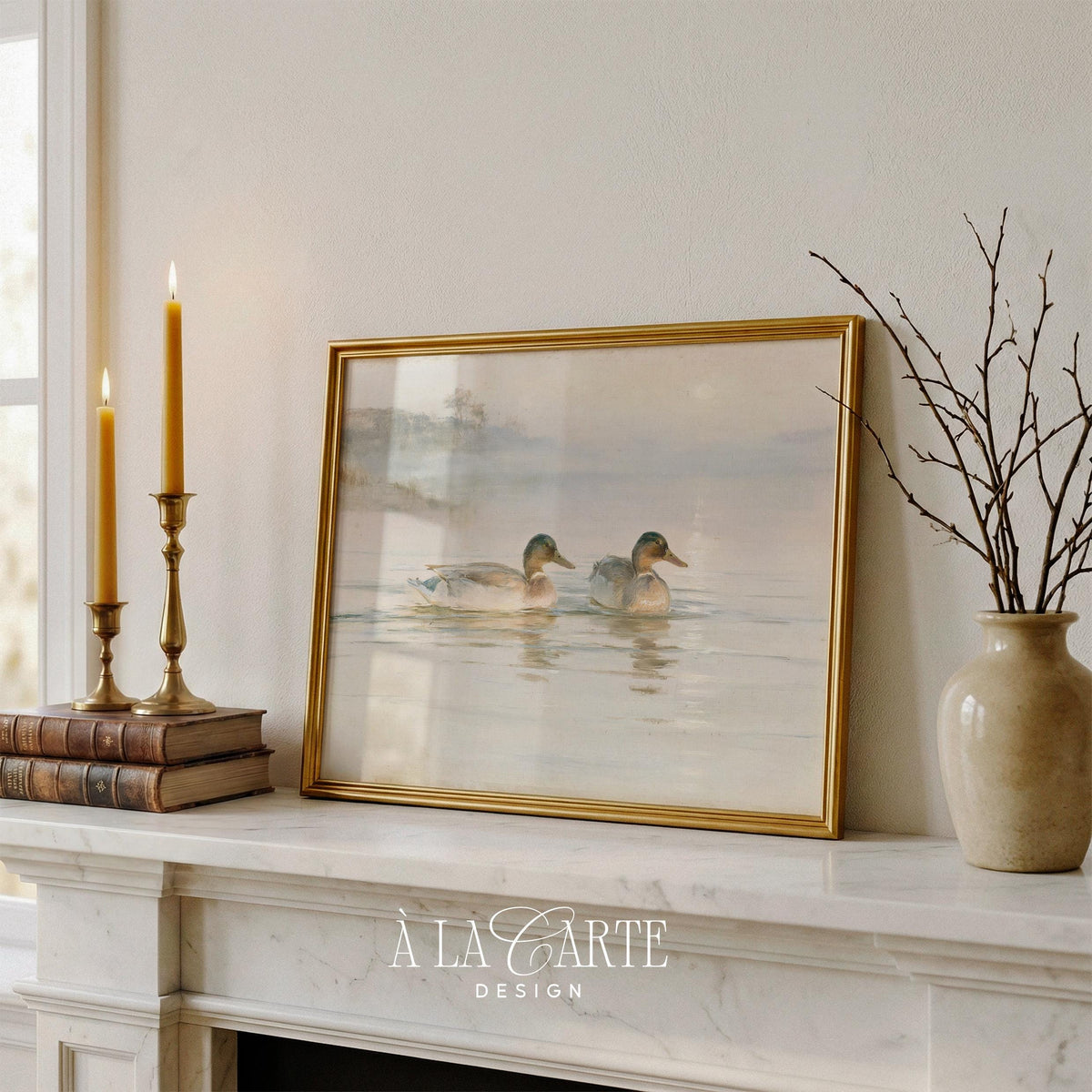 Pastel Ducks Wall Art, Vintage Nursery Decor, Farm Birds Printable, Rustic Farmhouse Print, Light Cottagecore Landscape H69