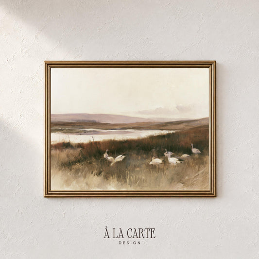 Pond birds in golden marsh digital artwork for gallery wall — tranquil countryside painting with faded, warm tones