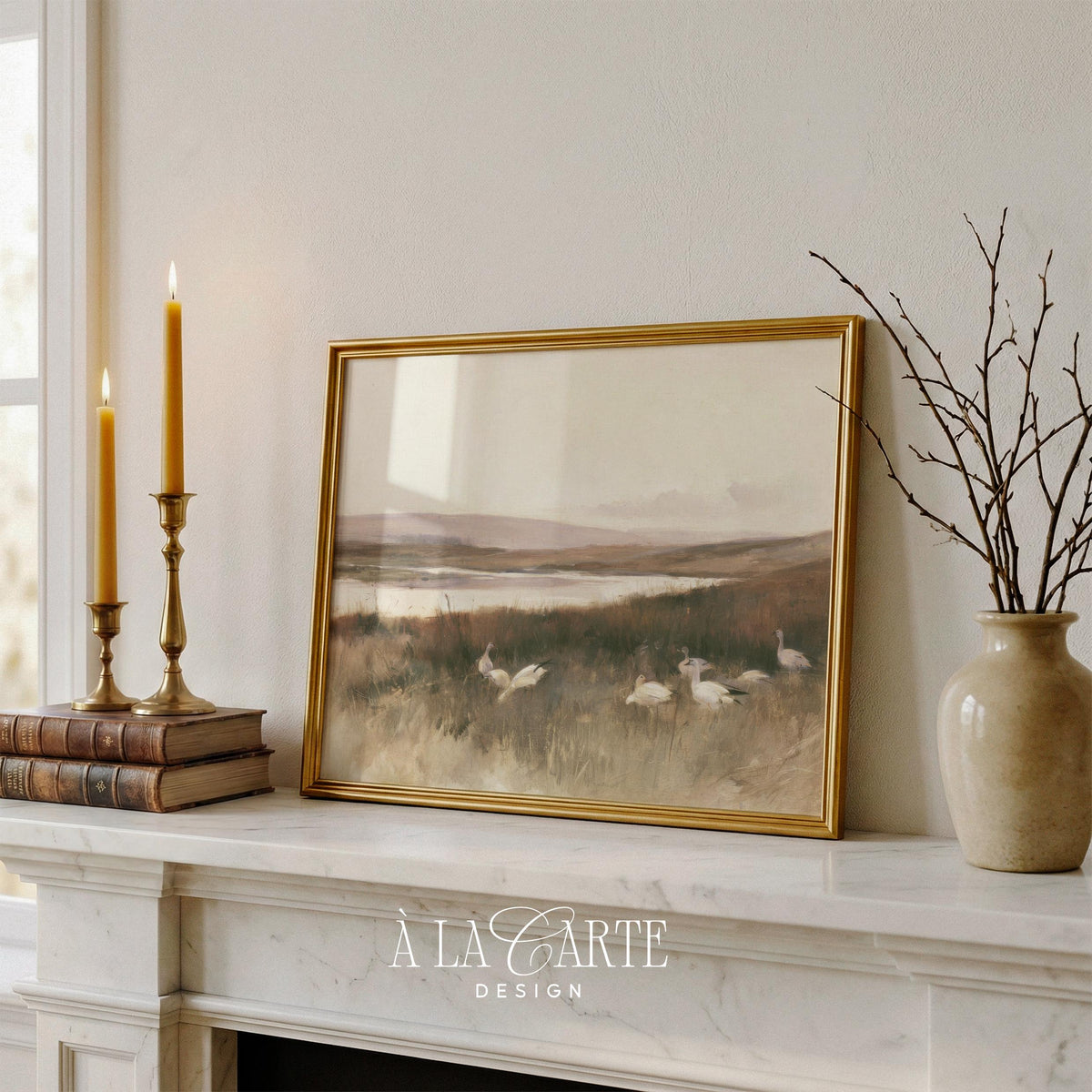 Wetland landscape with waterfowl wall art for bedroom — earthy vintage aesthetic featuring quiet natural scenery