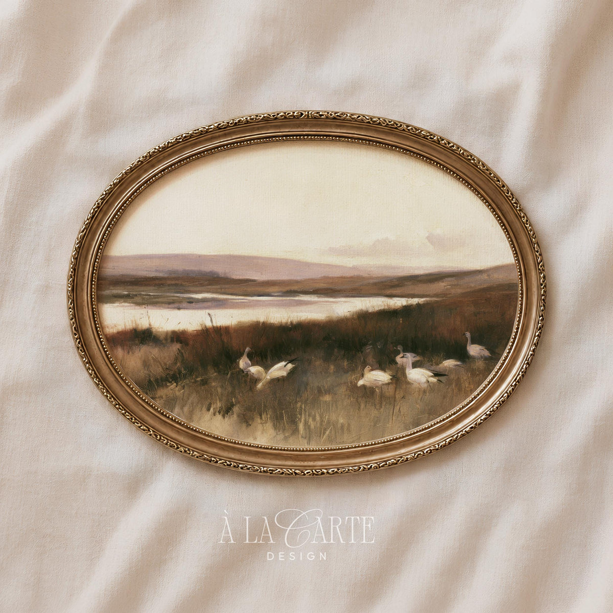 Flock of birds in marshland poster for living room — soft rustic countryside scene with hazy hills and calm water
