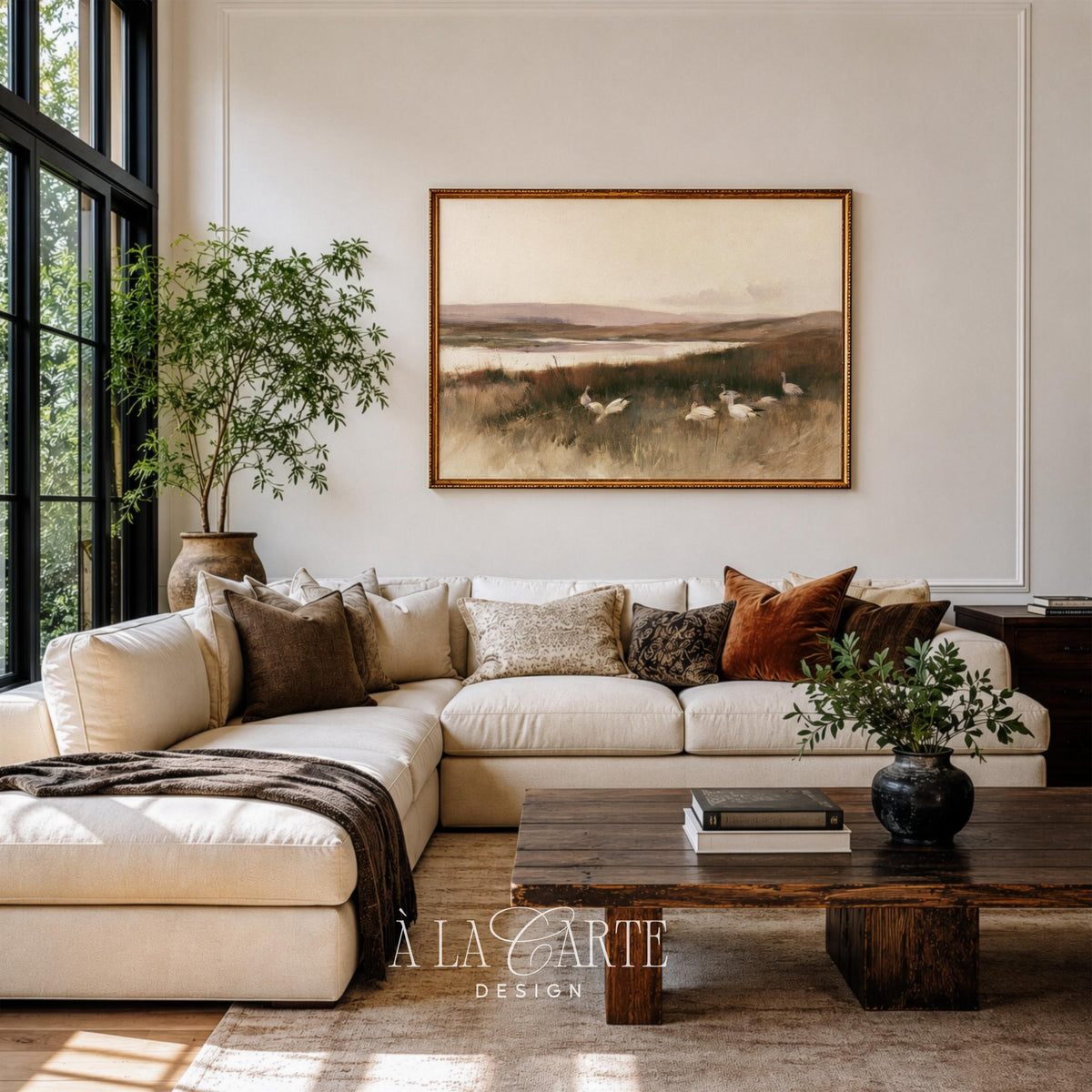 Serene pond landscape with geese poster for living room — farmhouse wall art featuring timeless rustic scenery