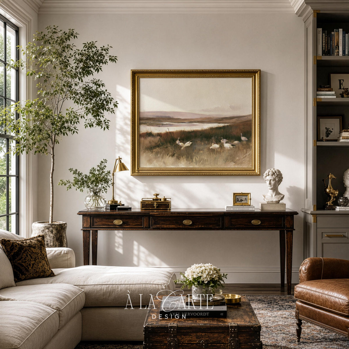 Peaceful marsh scene with birds picture for den — timeless farmhouse wall decor in soft browns and greens