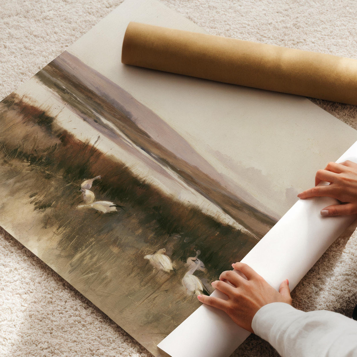 Grazing waterfowl among rushes print for cottage decor — serene vintage nature painting with muted countryside charm