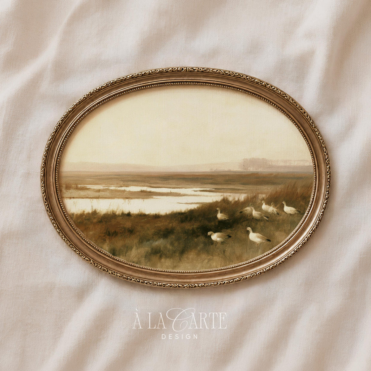 Peaceful pond scene wall art printable for entryway — quiet countryside imagery with grazing geese and tall grasses