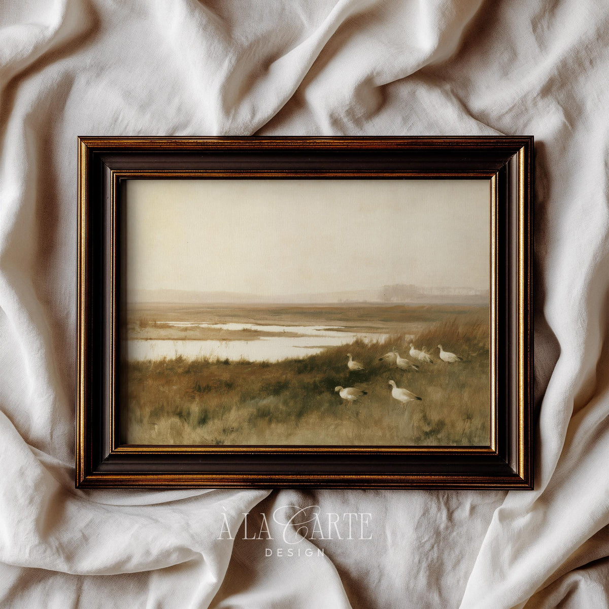 Hazy wetland horizon printable art for living spaces — moody farmhouse scene with soft brushed painterly details