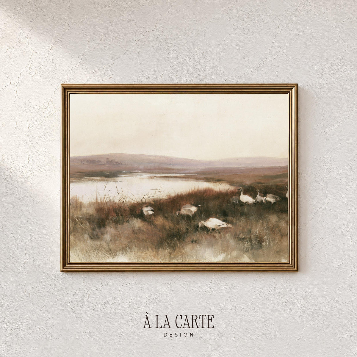 Still lake with birds wall art for dining room — vintage pastoral painting featuring tall grasses and soft, faded color palette