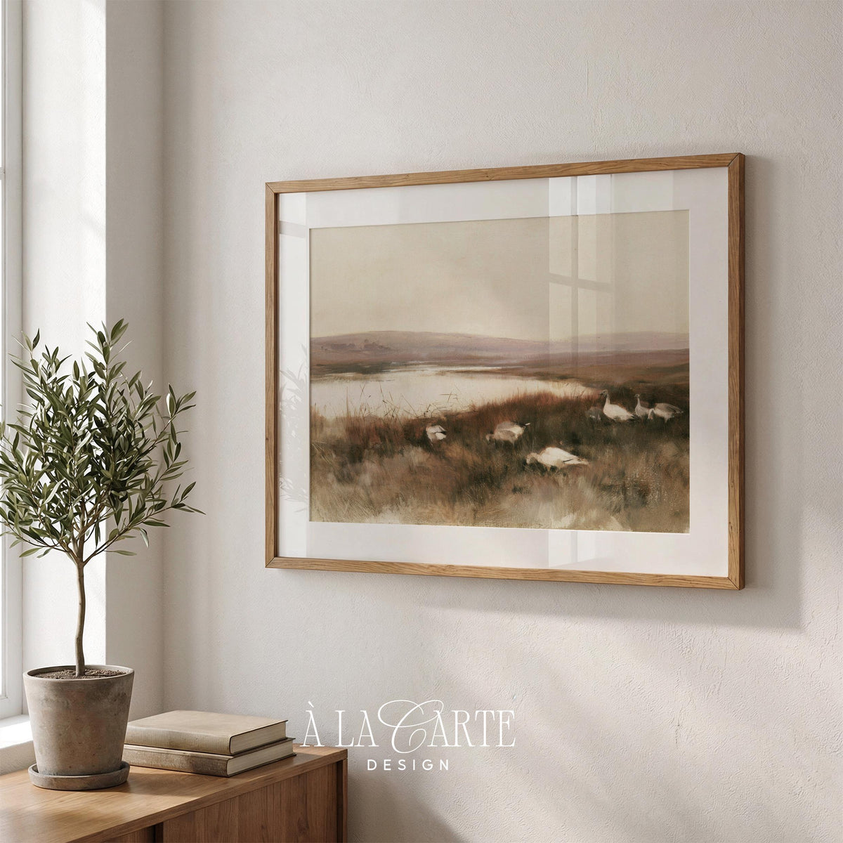 Lakeside waterfowl picture for bedroom — vintage-style pastoral scene with warm neutral palette and serene rural aesthetic