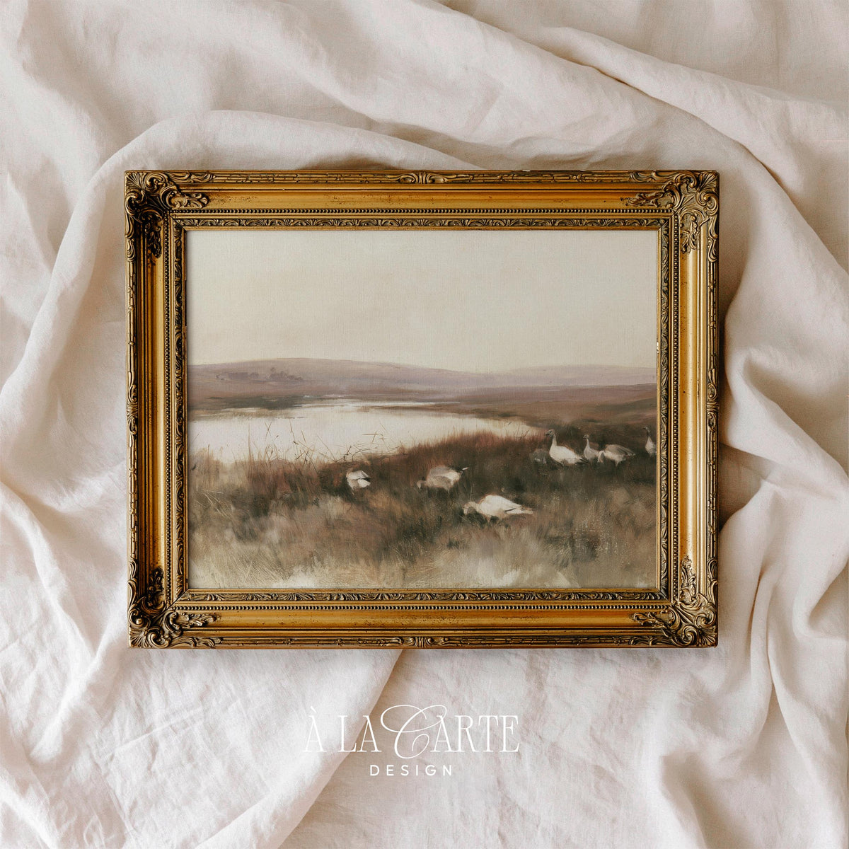 Countryside waterfowl scene printable poster for bedroom — rustic landscape with earthy tones and peaceful farmstead charm