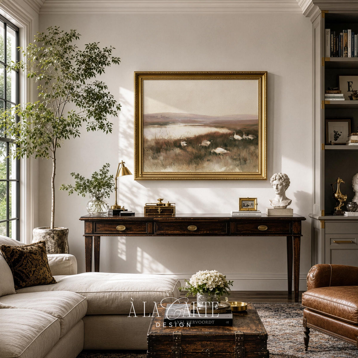 Grazing fowl by calm waters painting for living room — vintage nature artwork with muted textures and reflective lake setting