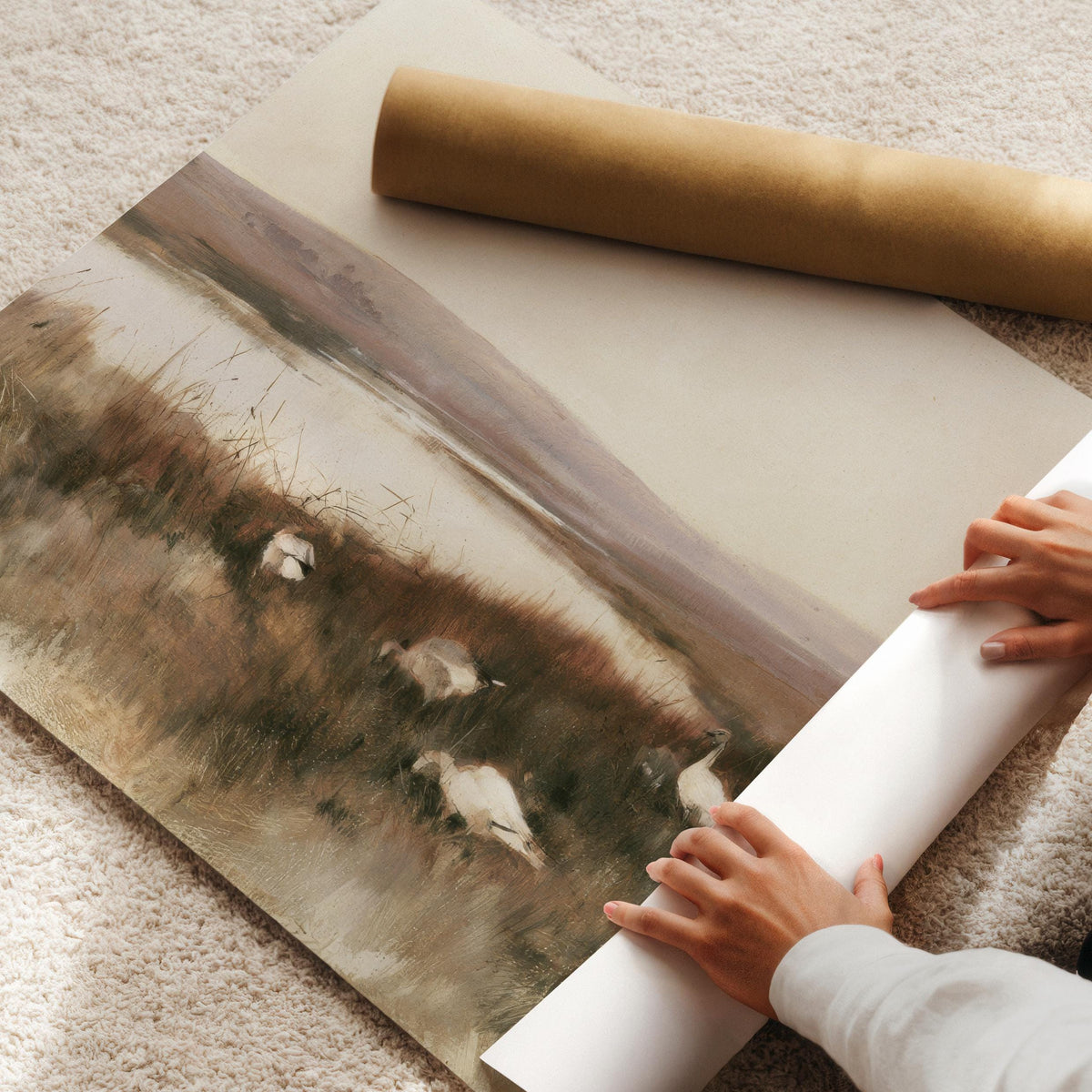 Flock of birds grazing marshland painting for living room — rustic wall art featuring soft brushstrokes and tranquil countryside charm