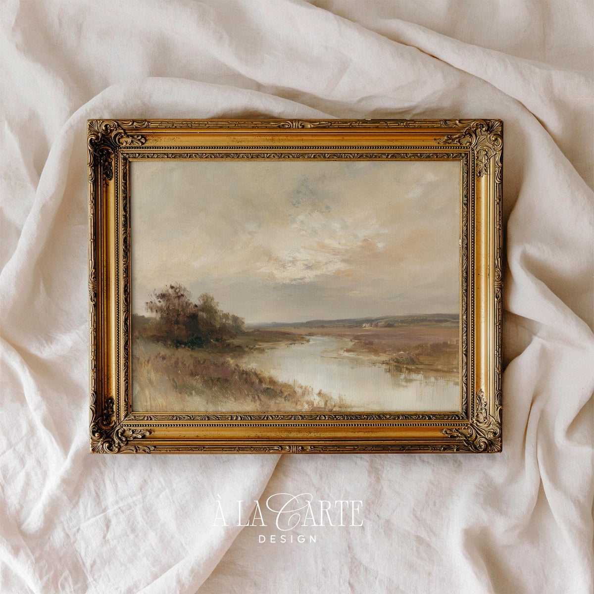 Flowing waterway poster with silhouetted trees — autumn-inspired wall art featuring soft brushwork and rustic palette