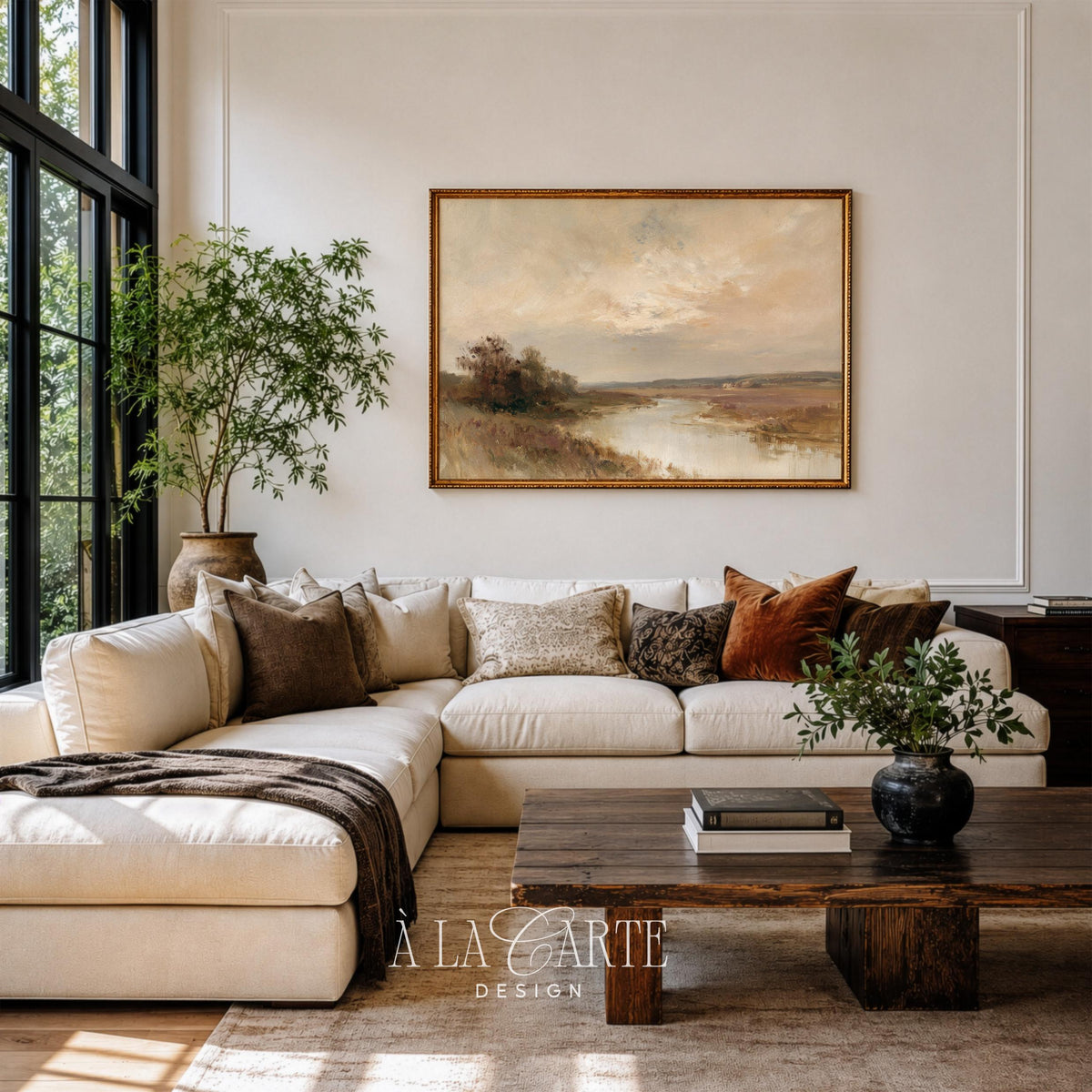 Tranquil stream wall art instant download — cozy rural landscape with luminous horizon and grassy foreground