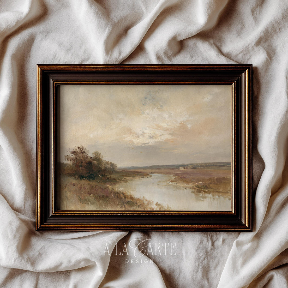 Winding river gallery wall art — nostalgic countryside vista with creamy tones and contemplative atmosphere