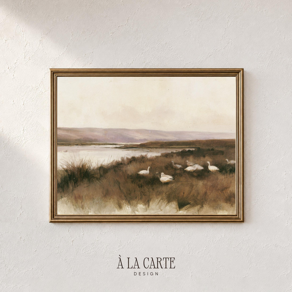 Serene lakeside waterfowl picture wall art for cottage style — soft painterly landscape with rolling background and grasses