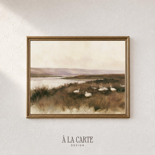 Serene lakeside waterfowl picture wall art for cottage style — soft painterly landscape with rolling background and grasses