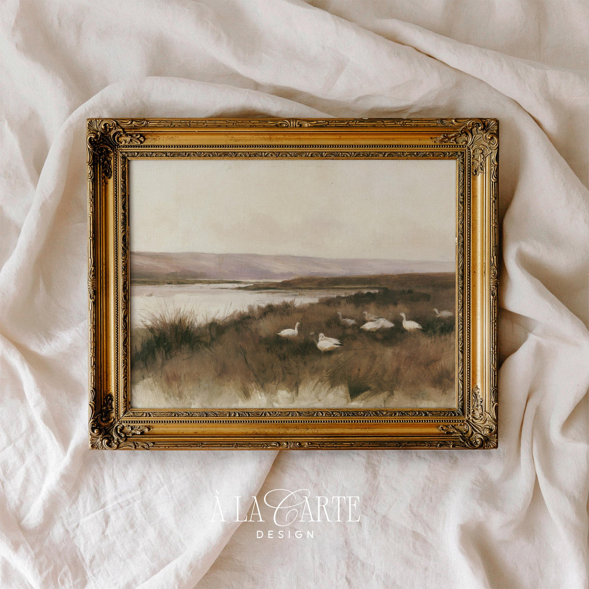Tranquil flock resting among reeds printable landscape art — rustic pastoral mood with muted tones and countryside charm