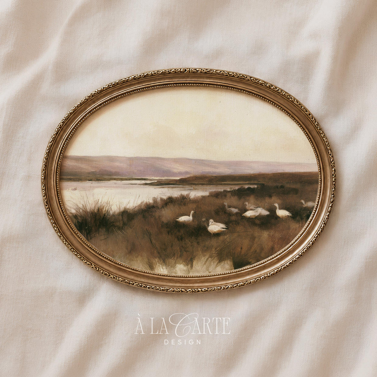 Marshland bird scene poster for nature-inspired spaces — vintage countryside painting with gentle meadow and shoreline