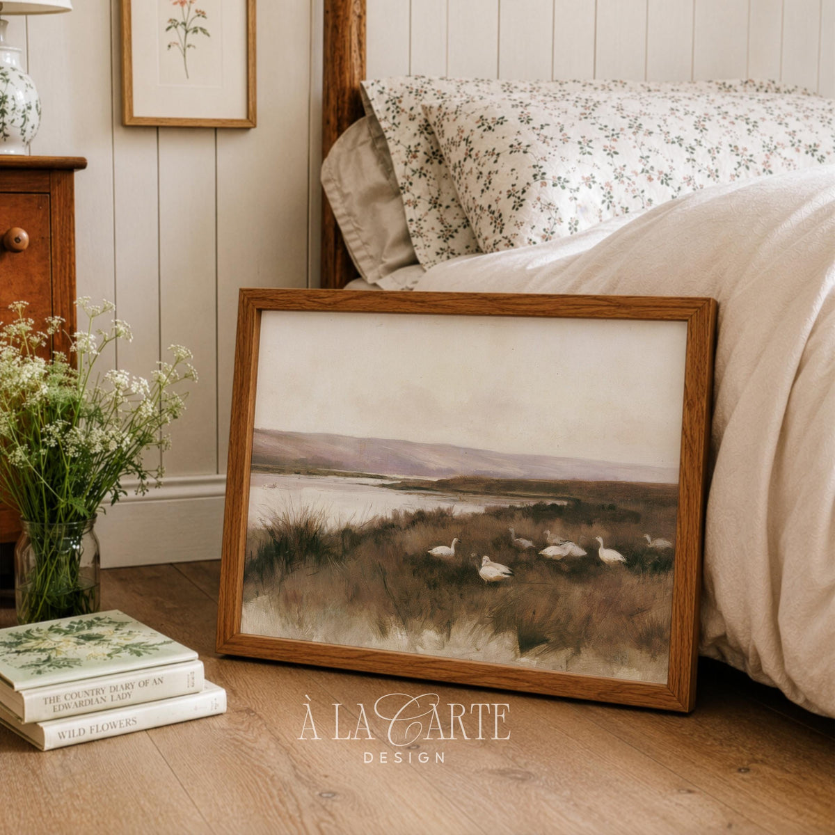 Vintage-style birds on shoreline digital print for nature lovers — quiet landscape with rolling hills and still water