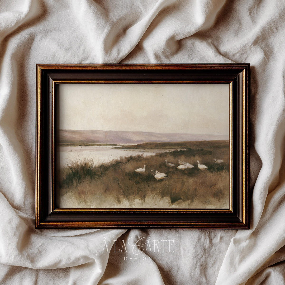 Flock of wild birds among tall marsh grasses poster for farmhouse — peaceful countryside landscape with soft brushwork