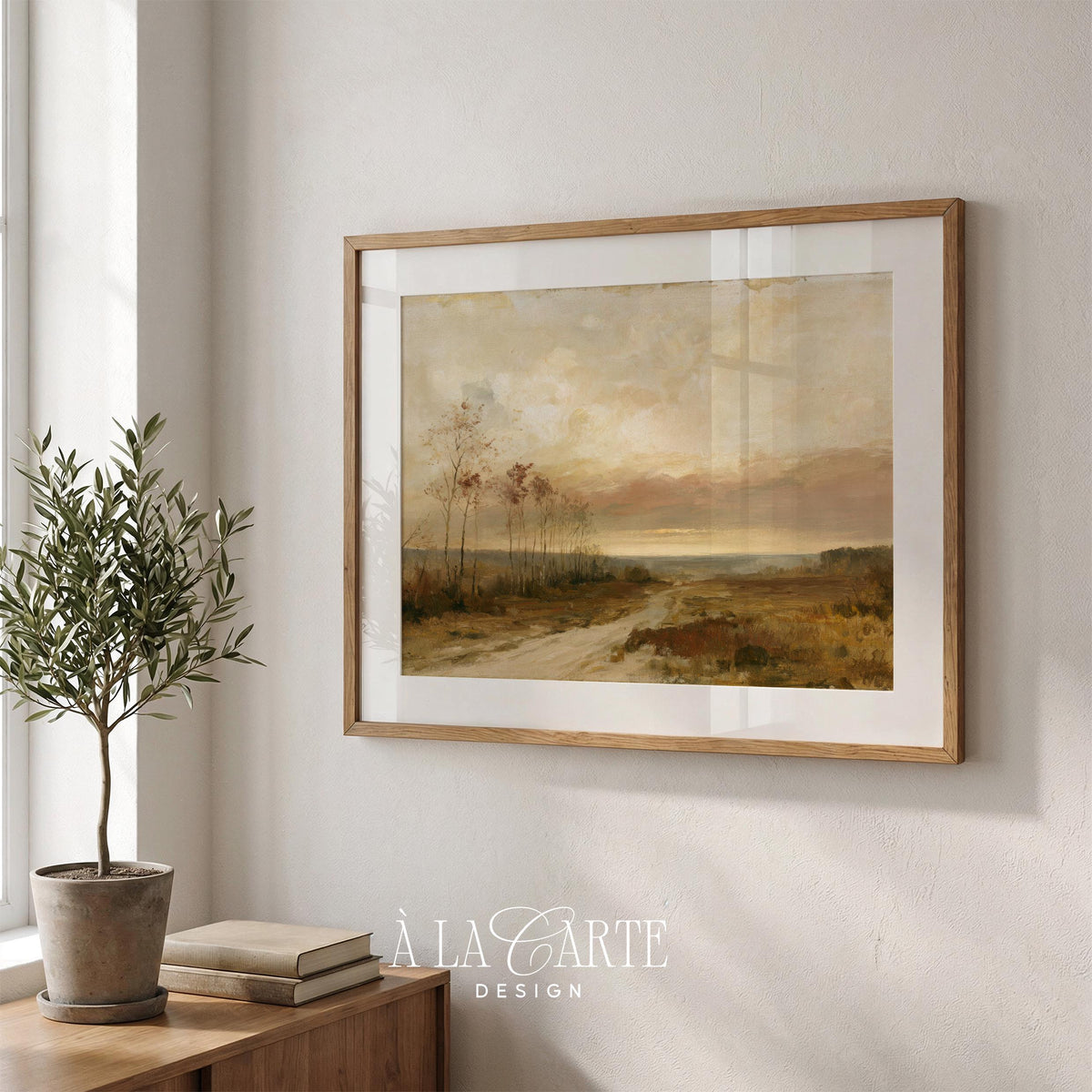 Vintage autumn painting wall art for bedroom — cozy tree-lined path with hazy sunset glow