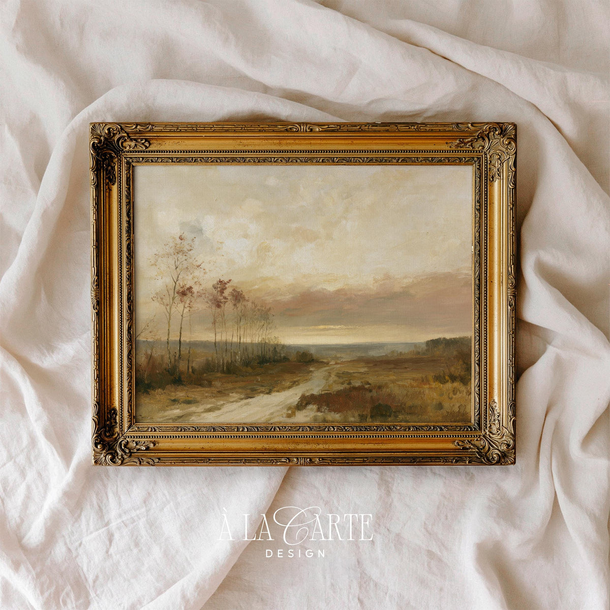 Autumn forest path poster wall art — warm sunset countryside aesthetic with ochre and amber tones