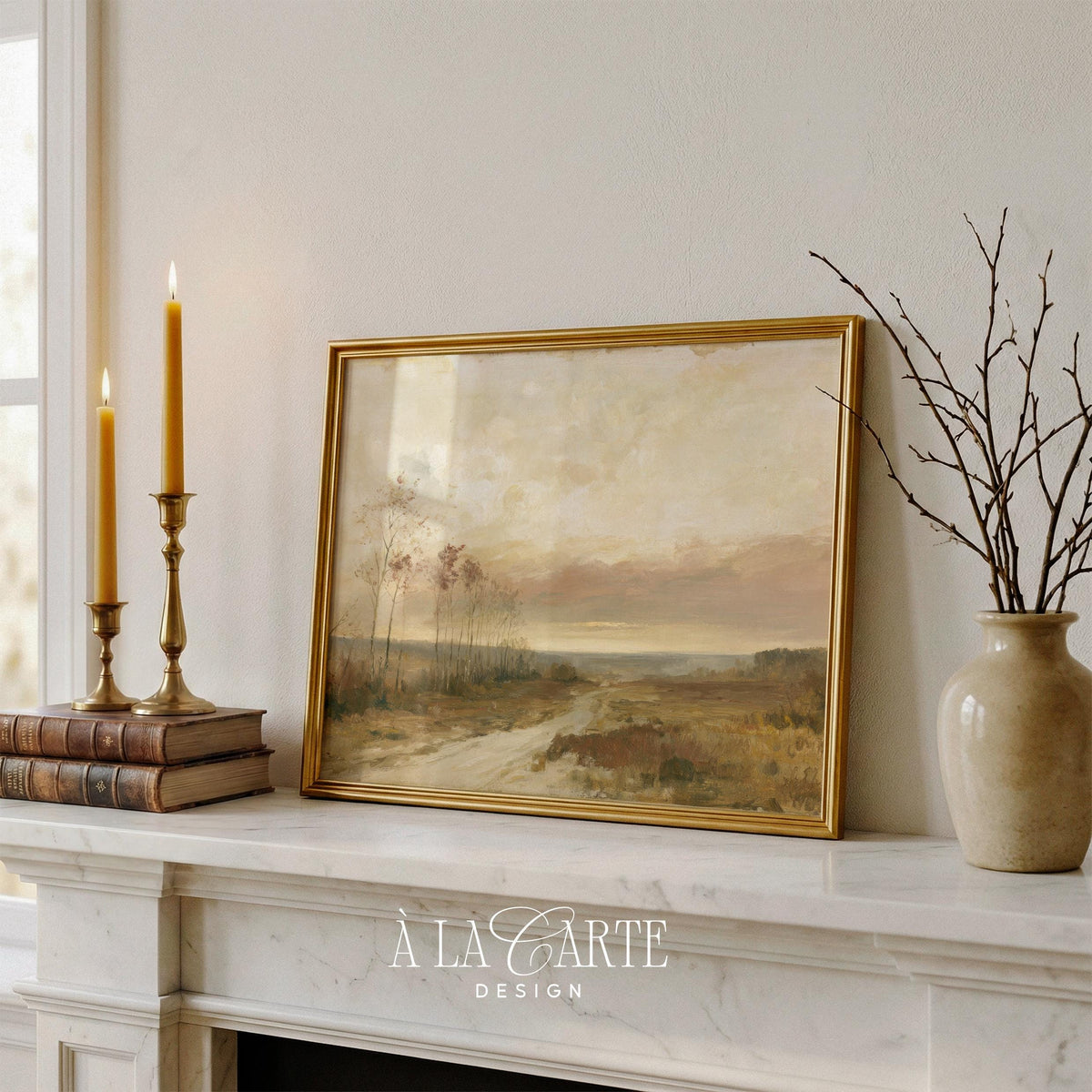 Moody harvest field picture printable art — sparse trees framing distant horizon with cloud-filled sky
