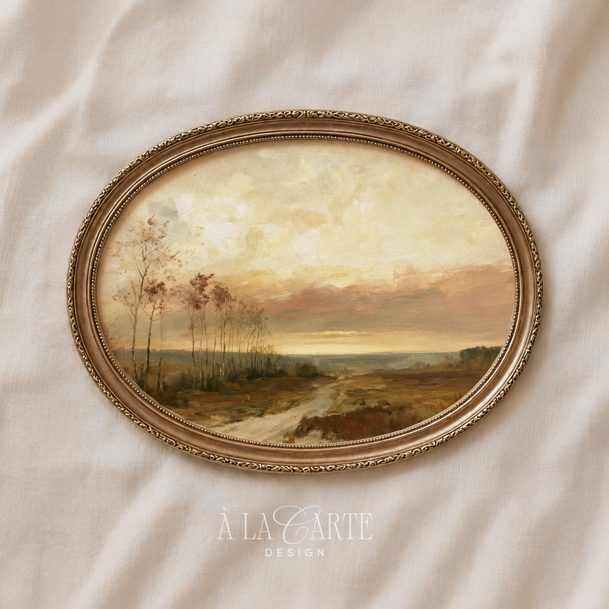 Autumn countryside path printable art for farmhouse — vintage golden-leaf trees with moody atmospheric sky