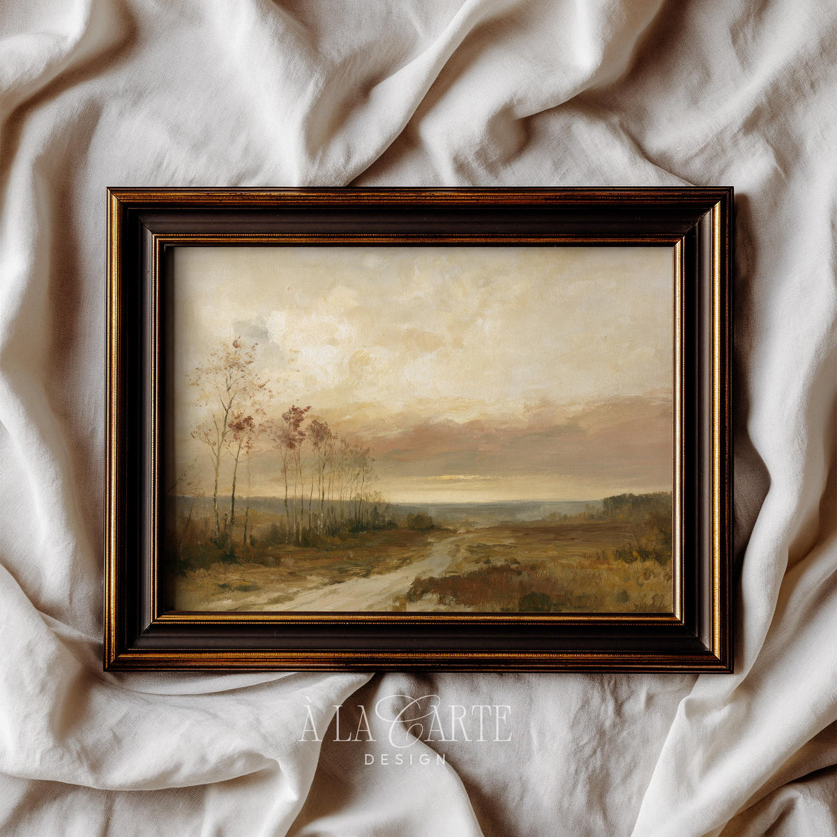 Cozy autumn trail artwork for entryway — vintage-style path through open field with soft gray backdrop