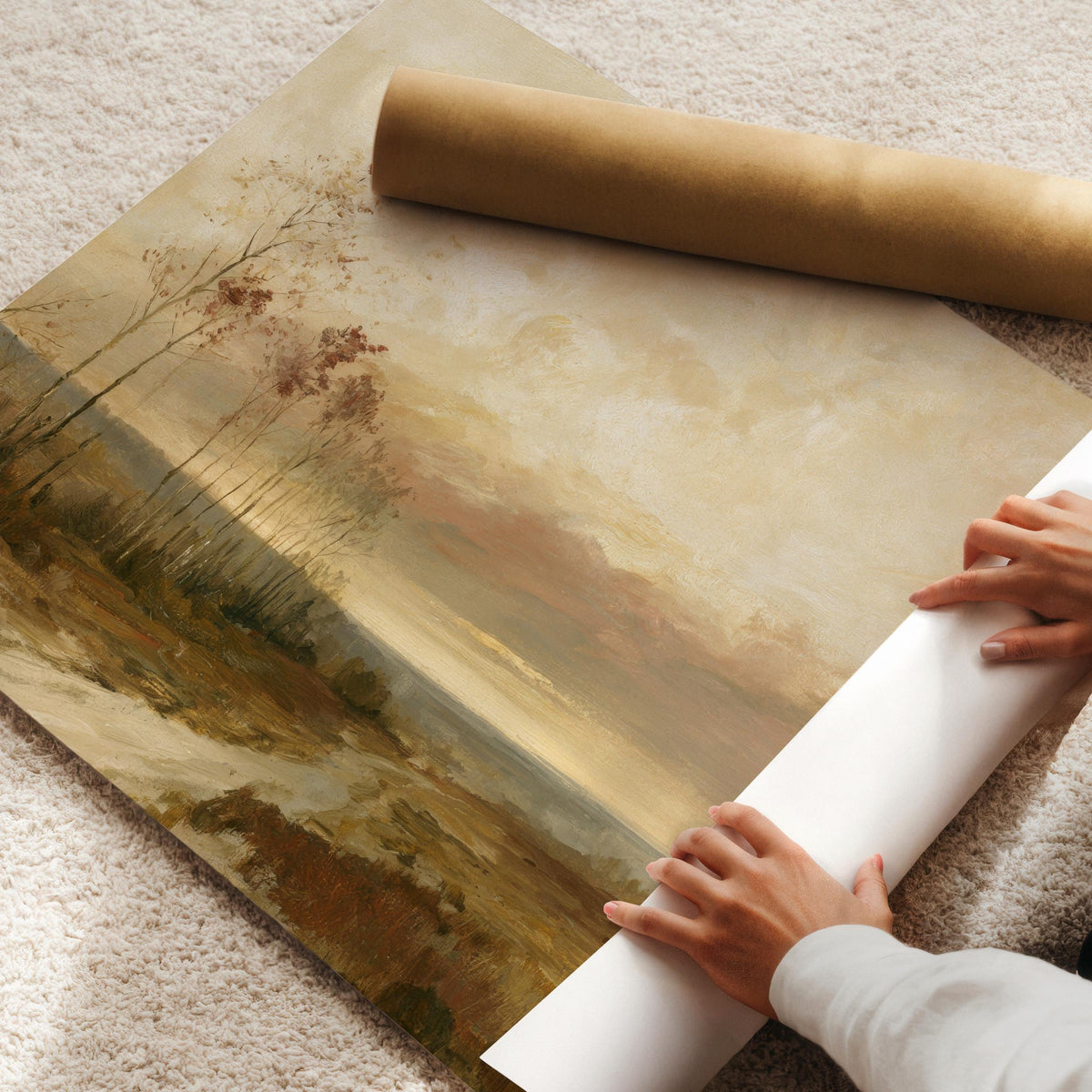 Rustic fall painting digital print for study — winding path leading through sparse-leaf tree cluster