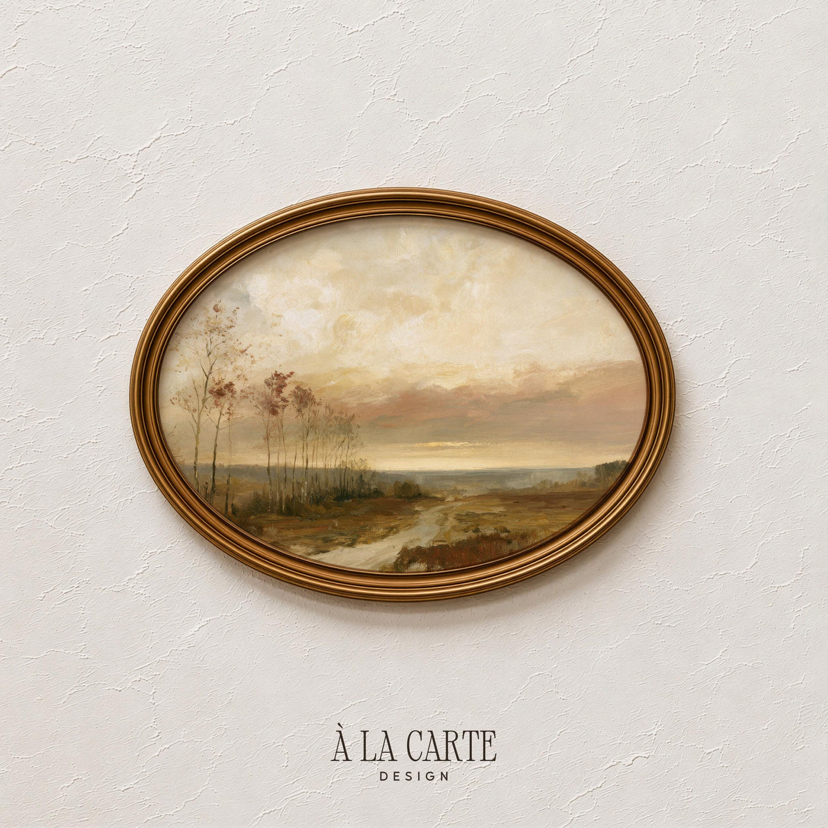 Rustic landscape poster featuring winding dirt road through harvest field with warm ochre tones