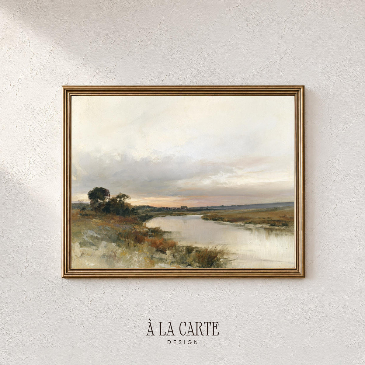 Peaceful countryside watercolor print for entryway — atmospheric marshland with pale peach accents and dreamy horizon